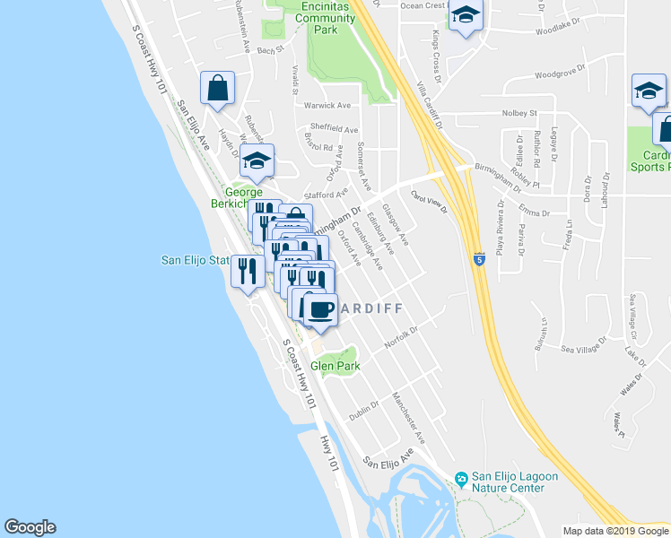 map of restaurants, bars, coffee shops, grocery stores, and more near 2080 Montgomery Avenue in Encinitas