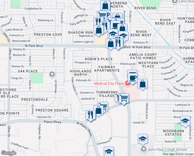 map of restaurants, bars, coffee shops, grocery stores, and more near 1707 Nest Place in Plano
