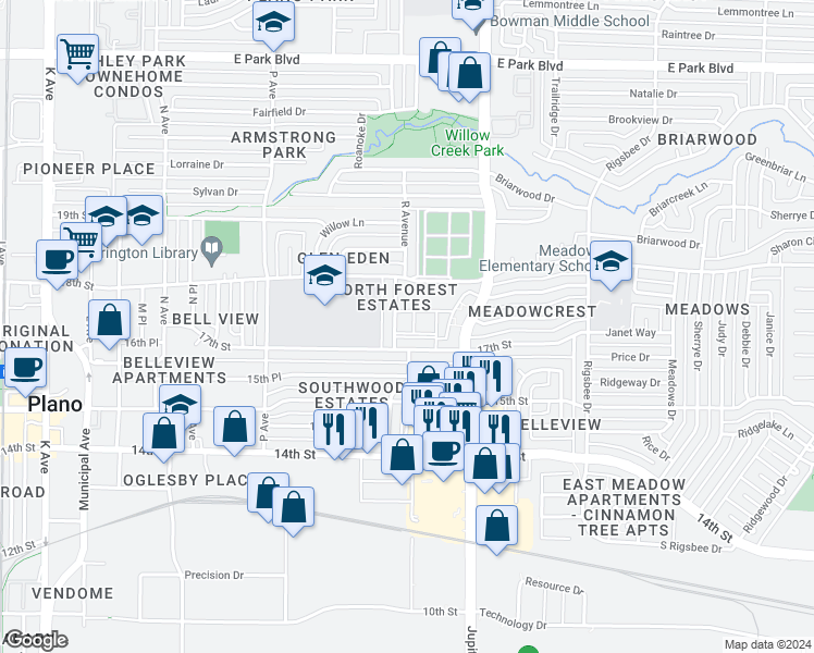 map of restaurants, bars, coffee shops, grocery stores, and more near 1705 Jupiter Road in Plano