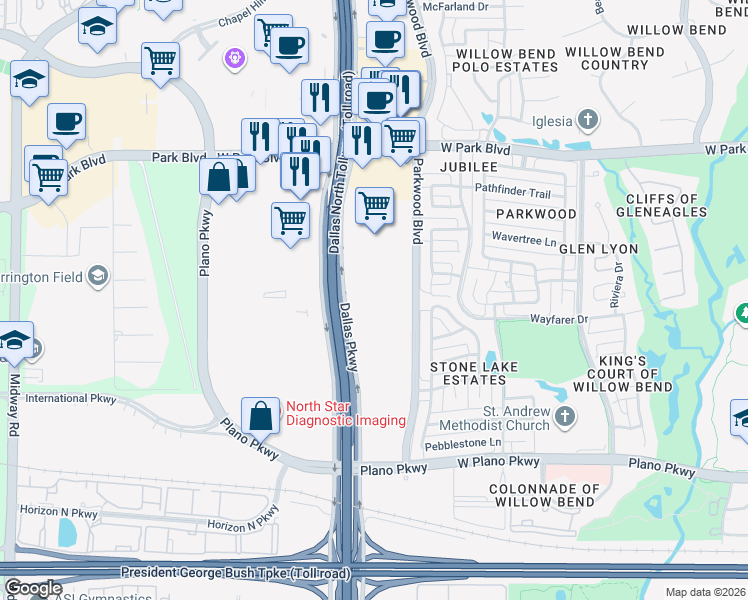 map of restaurants, bars, coffee shops, grocery stores, and more near 1640 Dallas Parkway in Plano