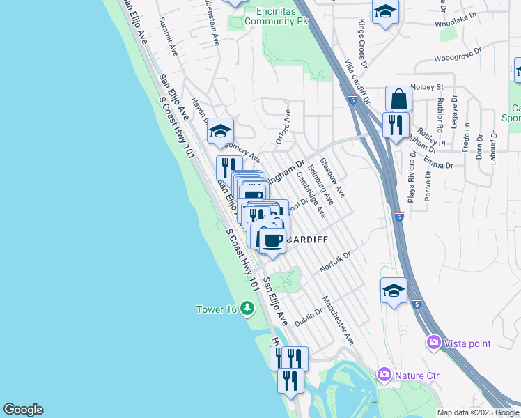 map of restaurants, bars, coffee shops, grocery stores, and more near 2015 San Elijo Avenue in Encinitas