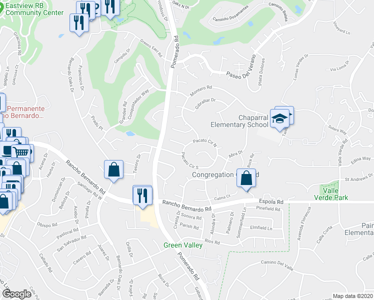 map of restaurants, bars, coffee shops, grocery stores, and more near 12502 Pacato Circle South in San Diego