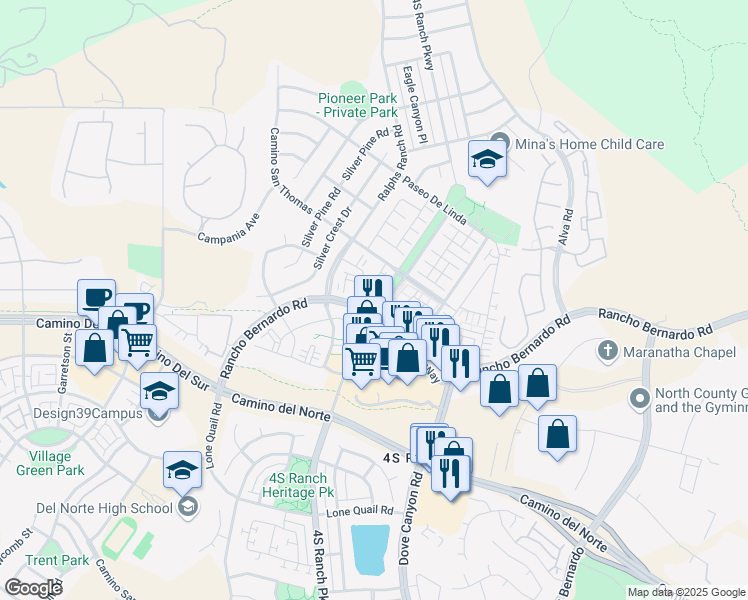 map of restaurants, bars, coffee shops, grocery stores, and more near 16913 Laurel Hill Lane in San Diego
