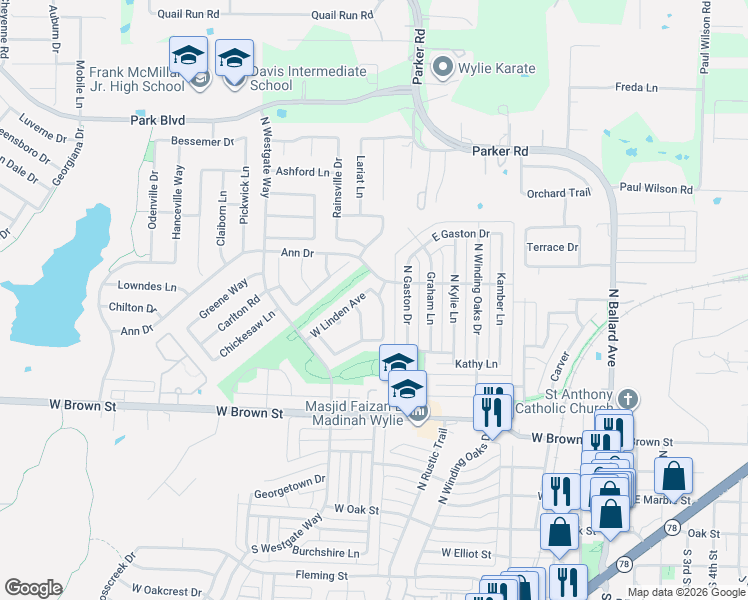 map of restaurants, bars, coffee shops, grocery stores, and more near 415 Ashland Drive in Wylie