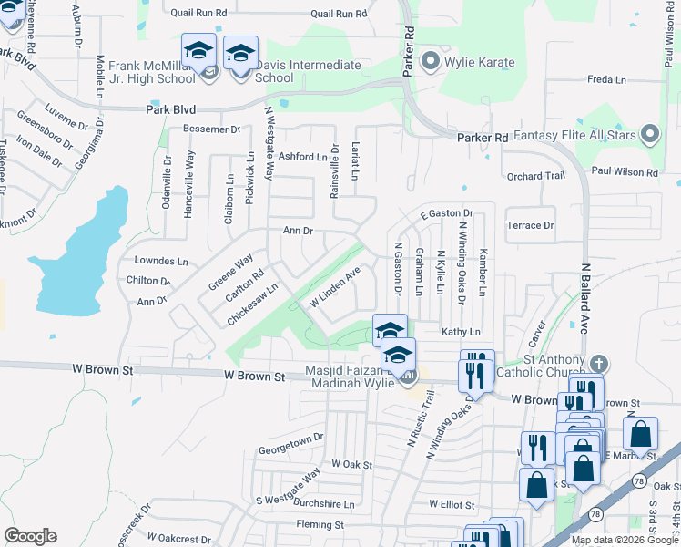map of restaurants, bars, coffee shops, grocery stores, and more near 612 West Linden Avenue in Wylie