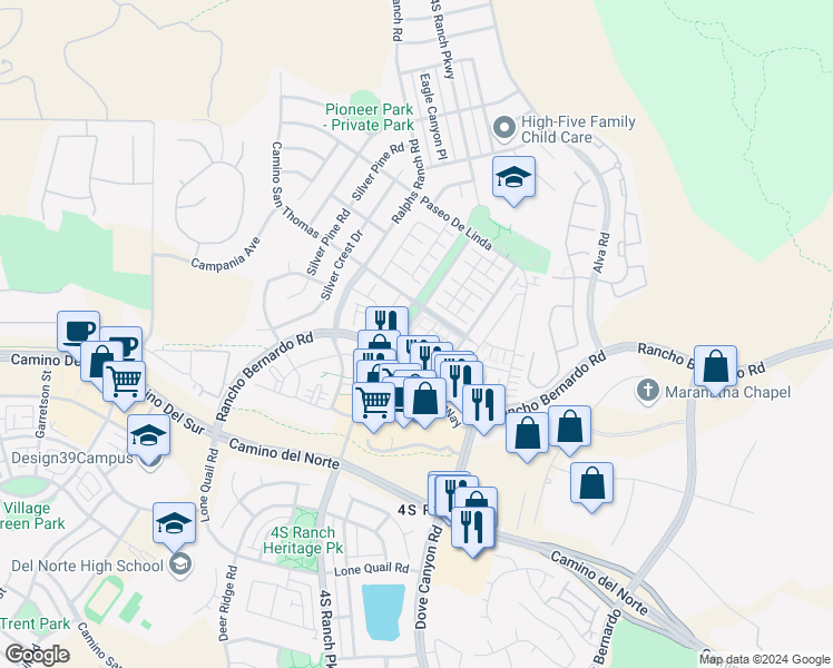 map of restaurants, bars, coffee shops, grocery stores, and more near 16926 Vasquez Way in San Diego