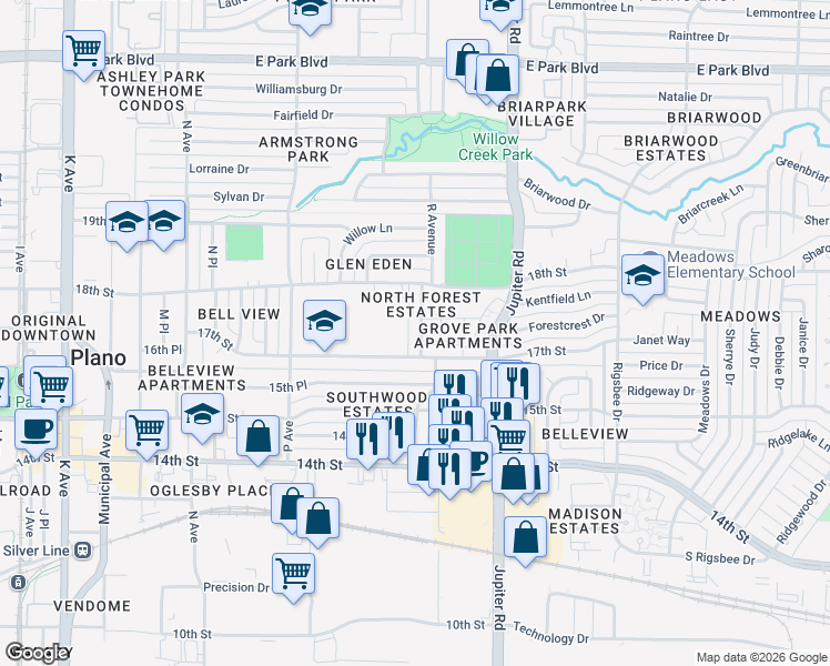 map of restaurants, bars, coffee shops, grocery stores, and more near 1715 R Avenue in Plano