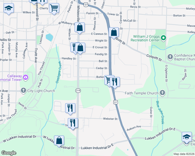 map of restaurants, bars, coffee shops, grocery stores, and more near 1101 Boggs Street in LaGrange