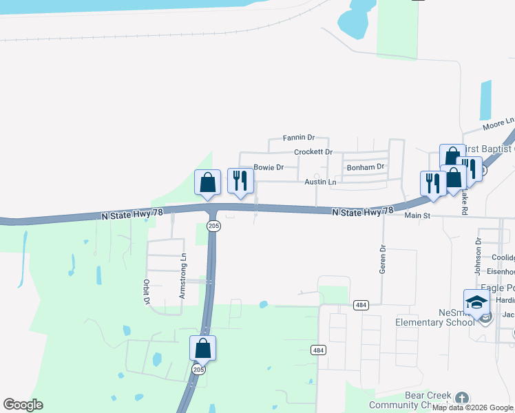 map of restaurants, bars, coffee shops, grocery stores, and more near Texas 78 in Lavon