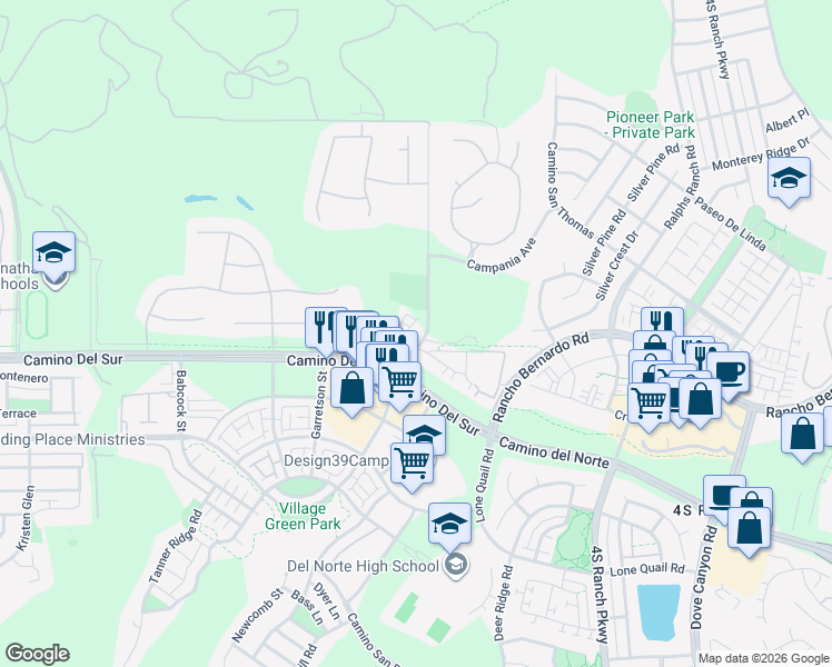 map of restaurants, bars, coffee shops, grocery stores, and more near 16930 Four Gee Road in San Diego
