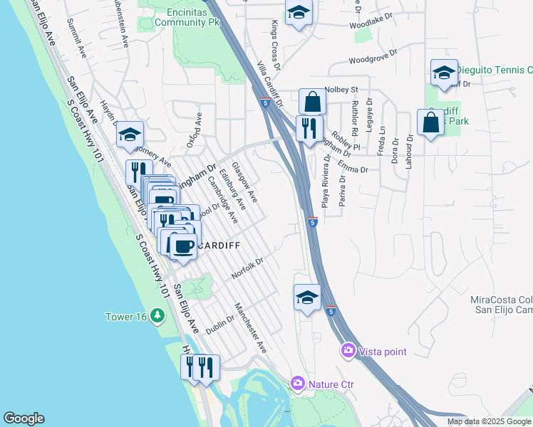 map of restaurants, bars, coffee shops, grocery stores, and more near 500 Chesterfield Drive in Encinitas