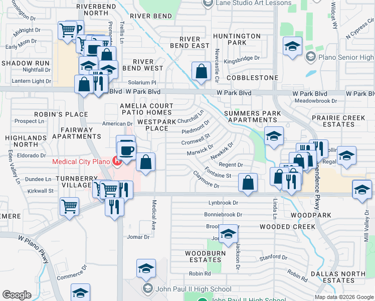 map of restaurants, bars, coffee shops, grocery stores, and more near 3537 Marwick Drive in Plano
