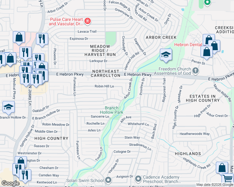 map of restaurants, bars, coffee shops, grocery stores, and more near 2047 Oakbluff Circle in Carrollton