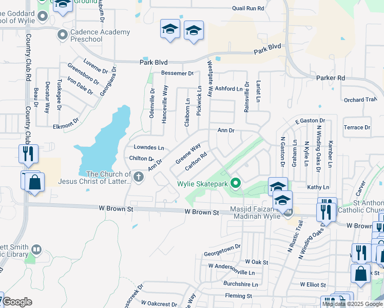 map of restaurants, bars, coffee shops, grocery stores, and more near 813 Greene Way in Wylie