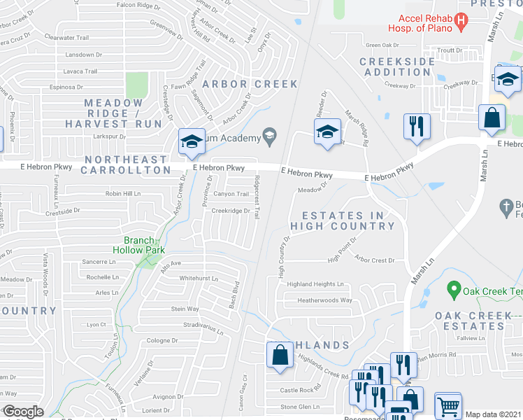 map of restaurants, bars, coffee shops, grocery stores, and more near 4020 Ridgecrest Trail in Carrollton