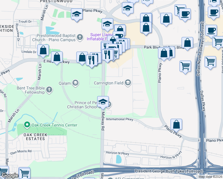 map of restaurants, bars, coffee shops, grocery stores, and more near 4100 Midway Road in Carrollton