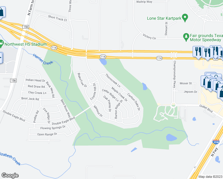 map of restaurants, bars, coffee shops, grocery stores, and more near 2824 Maple Creek Drive in Fort Worth