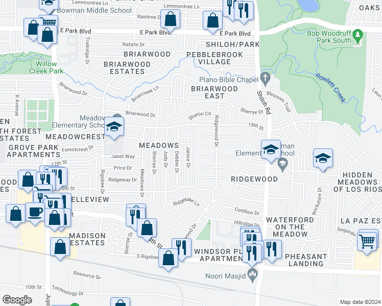 map of restaurants, bars, coffee shops, grocery stores, and more near 1612 Janice Drive in Plano