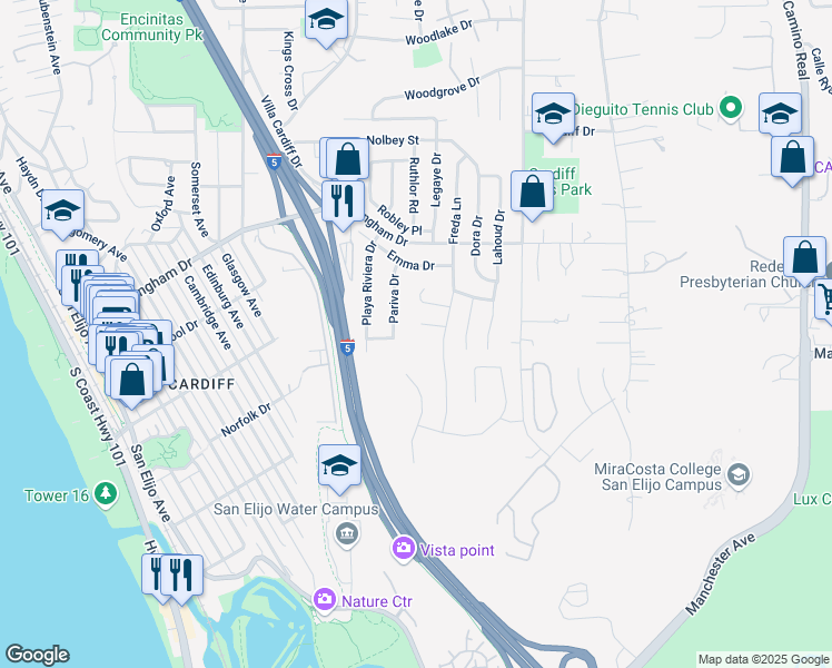 map of restaurants, bars, coffee shops, grocery stores, and more near 1005 Hurstdale Avenue in Encinitas