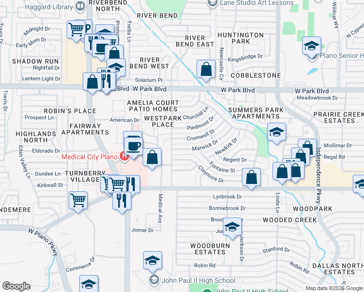 map of restaurants, bars, coffee shops, grocery stores, and more near 3621 Marwick Drive in Plano