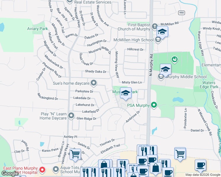 map of restaurants, bars, coffee shops, grocery stores, and more near 601 Mustang Ridge Drive in Murphy