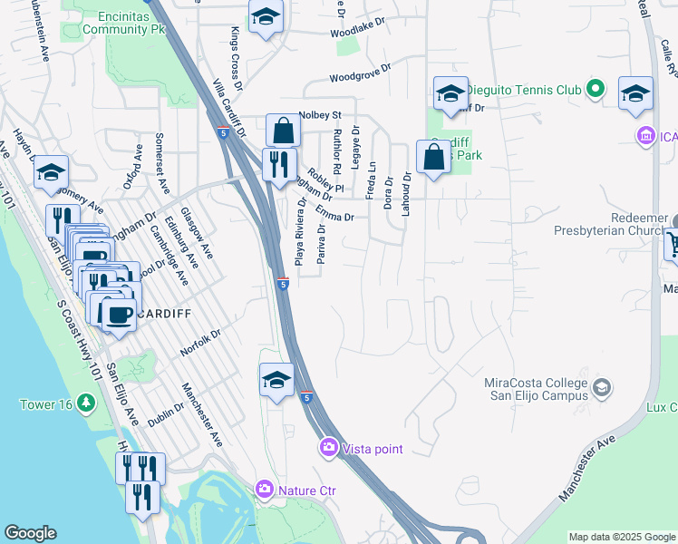 map of restaurants, bars, coffee shops, grocery stores, and more near 1005 Hurstdale Avenue in Encinitas