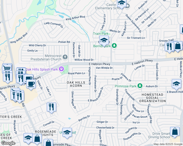 map of restaurants, bars, coffee shops, grocery stores, and more near 4022 Virginia Pine Drive in Carrollton