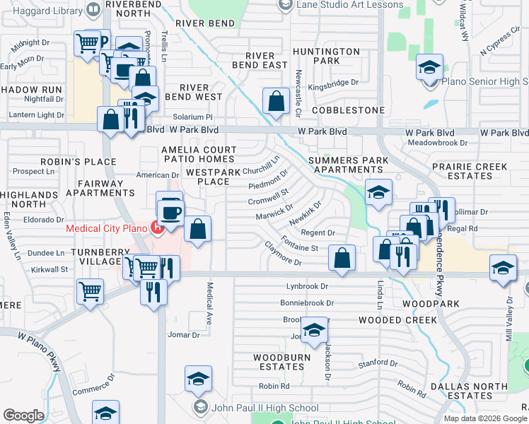 map of restaurants, bars, coffee shops, grocery stores, and more near 3537 Marwick Drive in Plano