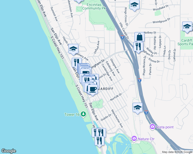 map of restaurants, bars, coffee shops, grocery stores, and more near 2080 Montgomery Avenue in Encinitas
