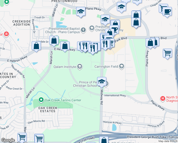 map of restaurants, bars, coffee shops, grocery stores, and more near 4120 International Parkway in Carrollton