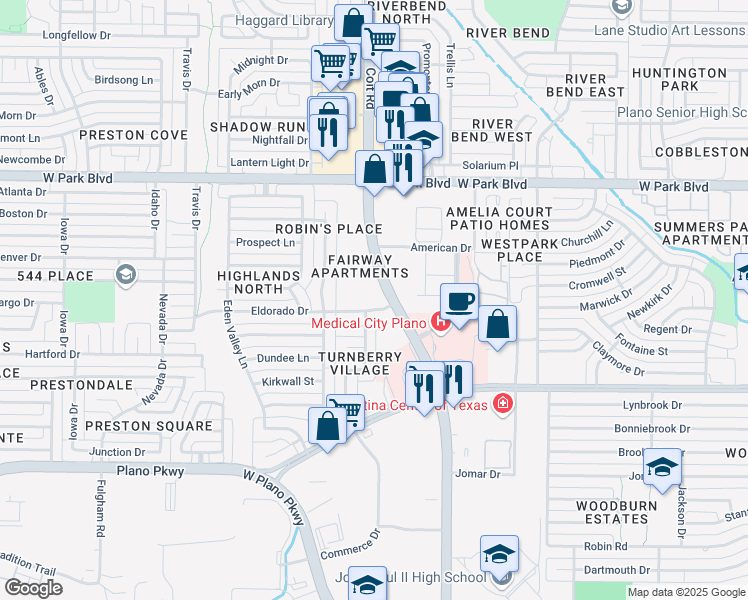 map of restaurants, bars, coffee shops, grocery stores, and more near 3 Eldorado Drive in Plano