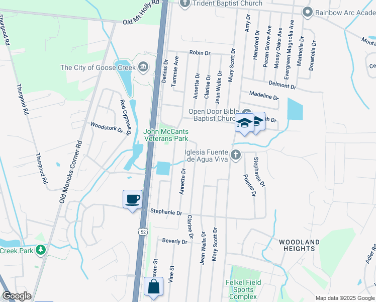 map of restaurants, bars, coffee shops, grocery stores, and more near 344 Annette Drive in Goose Creek