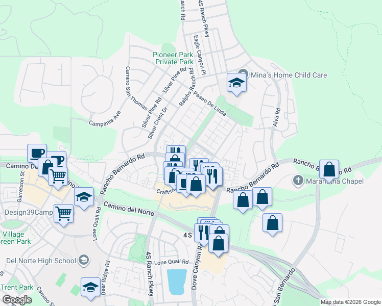 map of restaurants, bars, coffee shops, grocery stores, and more near 16926 4S Ranch Parkway in San Diego