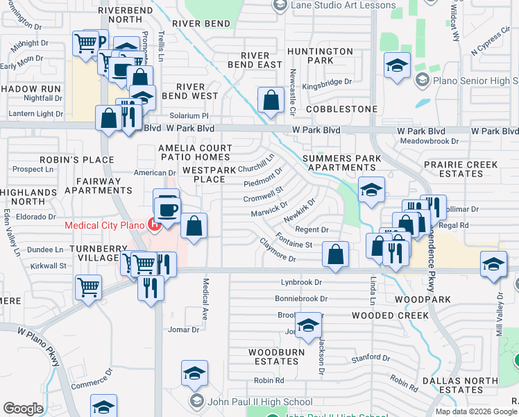 map of restaurants, bars, coffee shops, grocery stores, and more near 3537 Marwick Drive in Plano