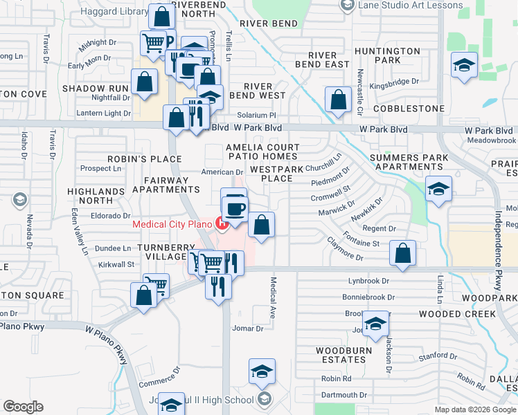 map of restaurants, bars, coffee shops, grocery stores, and more near 1600 Amelia Court in Plano