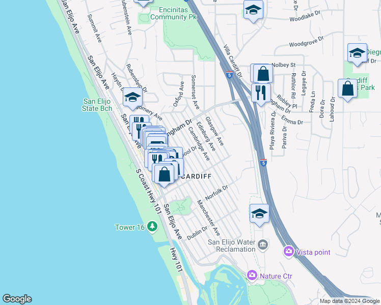 map of restaurants, bars, coffee shops, grocery stores, and more near 618 Birmingham Drive in Encinitas