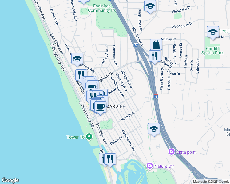 map of restaurants, bars, coffee shops, grocery stores, and more near 2111 Oxford Avenue in Encinitas