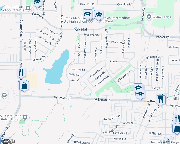 map of restaurants, bars, coffee shops, grocery stores, and more near 909 Ann Drive in Wylie