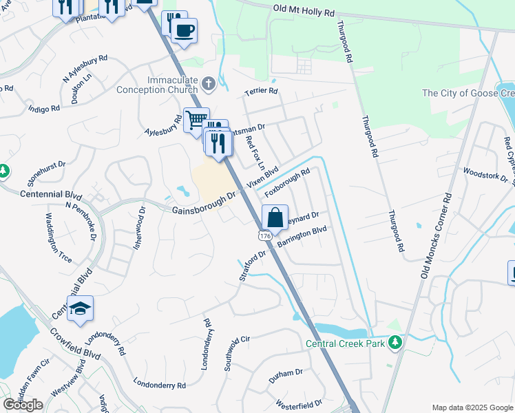 map of restaurants, bars, coffee shops, grocery stores, and more near 219 Kennington Drive in Goose Creek