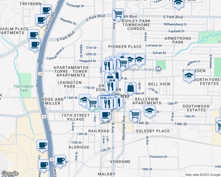 map of restaurants, bars, coffee shops, grocery stores, and more near 1702 K Avenue in Plano