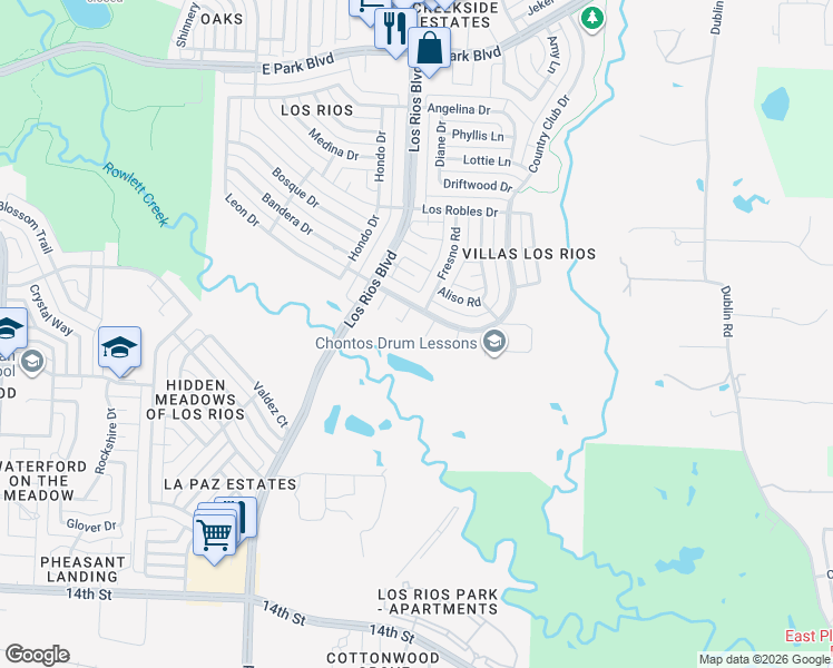 map of restaurants, bars, coffee shops, grocery stores, and more near 1709 Alameda Court in Plano