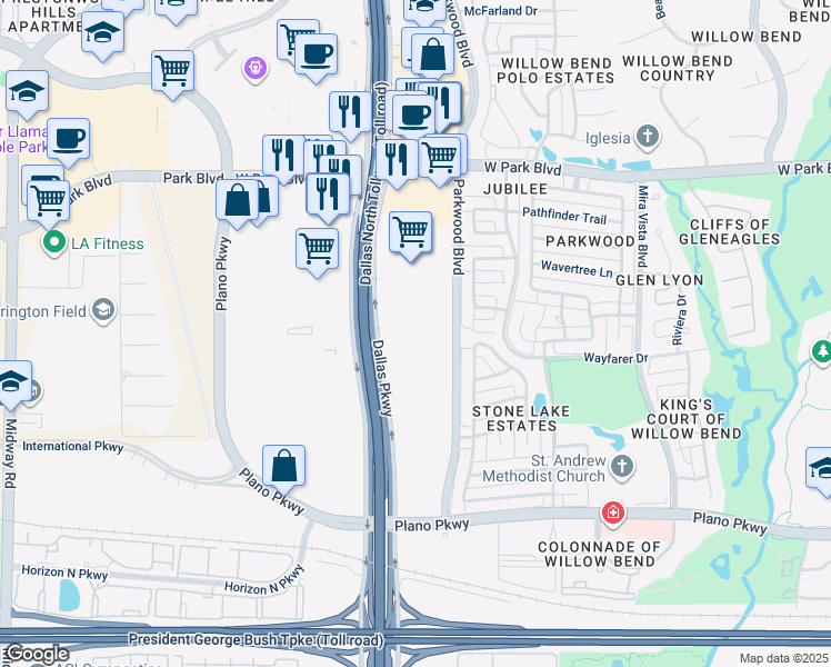 map of restaurants, bars, coffee shops, grocery stores, and more near 1640 Dallas Parkway in Plano