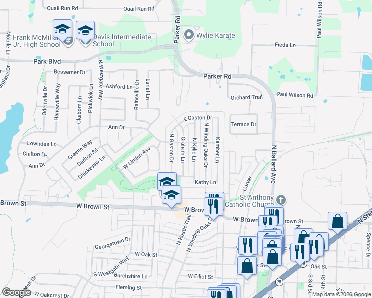 map of restaurants, bars, coffee shops, grocery stores, and more near 420 Graham Lane in Wylie