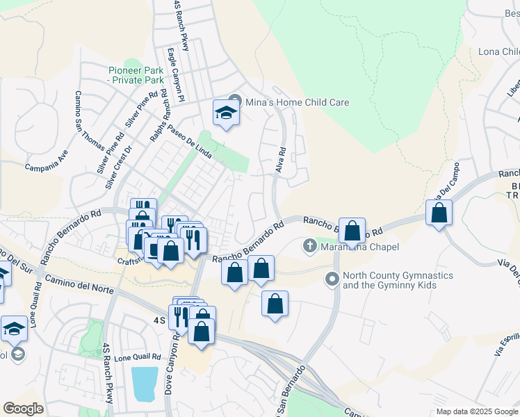 map of restaurants, bars, coffee shops, grocery stores, and more near 17152 Russet Street in San Diego