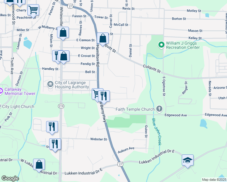 map of restaurants, bars, coffee shops, grocery stores, and more near 114 Royal Court in LaGrange