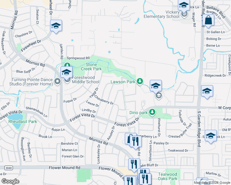 map of restaurants, bars, coffee shops, grocery stores, and more near 2724 Skinner Drive in Flower Mound