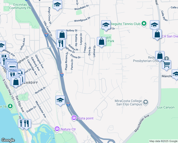 map of restaurants, bars, coffee shops, grocery stores, and more near 1939 Park Crest Drive in Encinitas