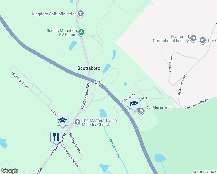 map of restaurants, bars, coffee shops, grocery stores, and more near 101 Twin Lakes Road Southeast in Milledgeville