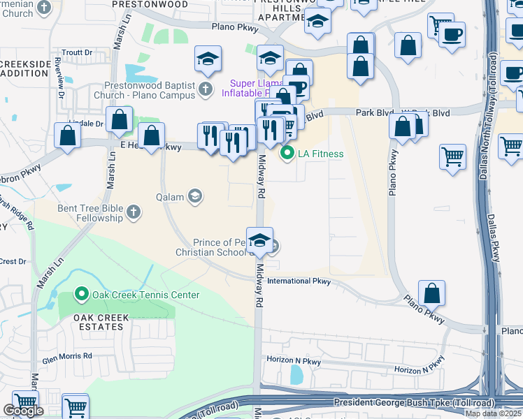map of restaurants, bars, coffee shops, grocery stores, and more near 4100 Midway Road in Plano