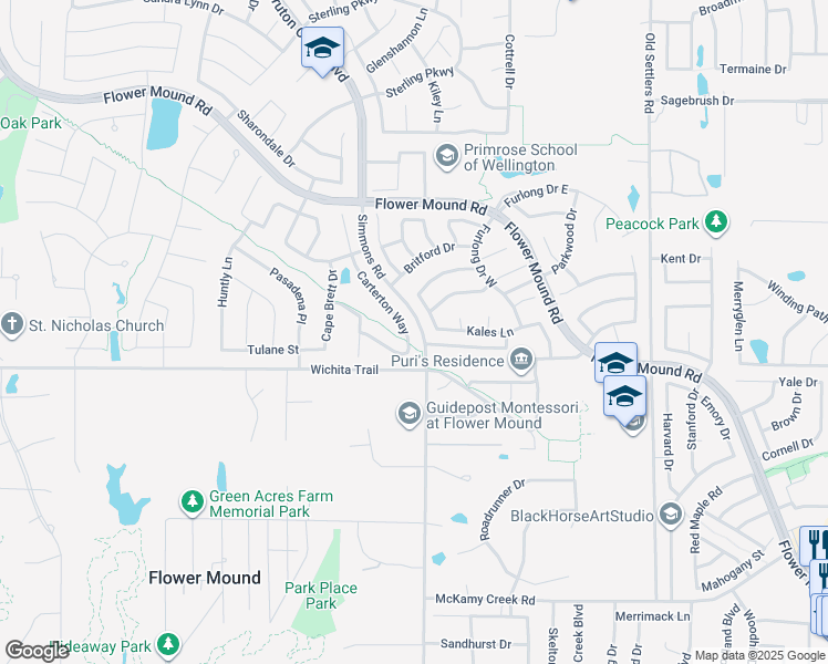 map of restaurants, bars, coffee shops, grocery stores, and more near 2612 Carterton Way in Flower Mound